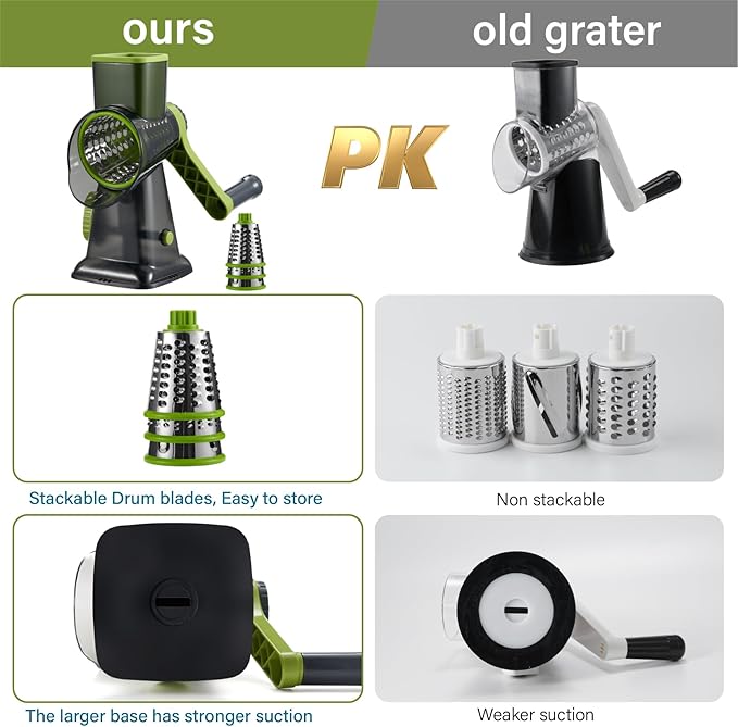 Rotary Cheese Grater hand crank, 3 Blades Cheese shredder with Stronger Suction Base | Stainless Steel Blades for Fruits, Vegetables, Nuts. Easy to Clean, Transparent Black & Green