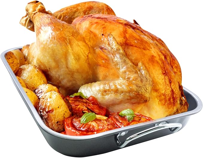 Turkey Roaster Pan - 16x13” Large Roasting Pan with Rack - Non-Stick Ceramic Coated - PTFE & PFOA Free - Oven & Stovetop Safe - Perfect for Juicy Holiday Turkeys