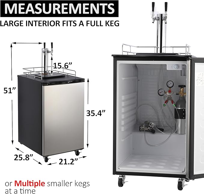 Beer Kegerator, Dual Tap Draft Beer Dispenser, Full Size Kegerator and Keg Beer Cooler With Shelves & Drip Tray & 4 Casters, Stainless Steel Keg Dispenser, 32°F- 50°F Temperature Control, 170L