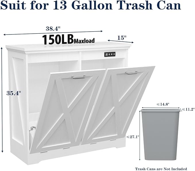TOLEAD Double Tilt Out Trash Can Cabinet 10 Gallon,Farmhouse Style Kitchen Trash Cabinet with Barn Door, Solid Wood Tabletop, Pet Proof, Odor Blocking, Laundry Cabinet Keep Clean(White)