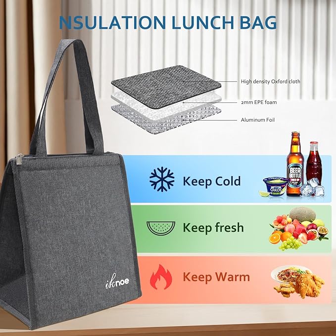 iknoe Insulated Lunch Bag for Women & Adults, 9L Foldable Wide-Open Cooler Bag with Pockets, Leakproof & Portable, for Picnic, Office, Beach(Plain grey)