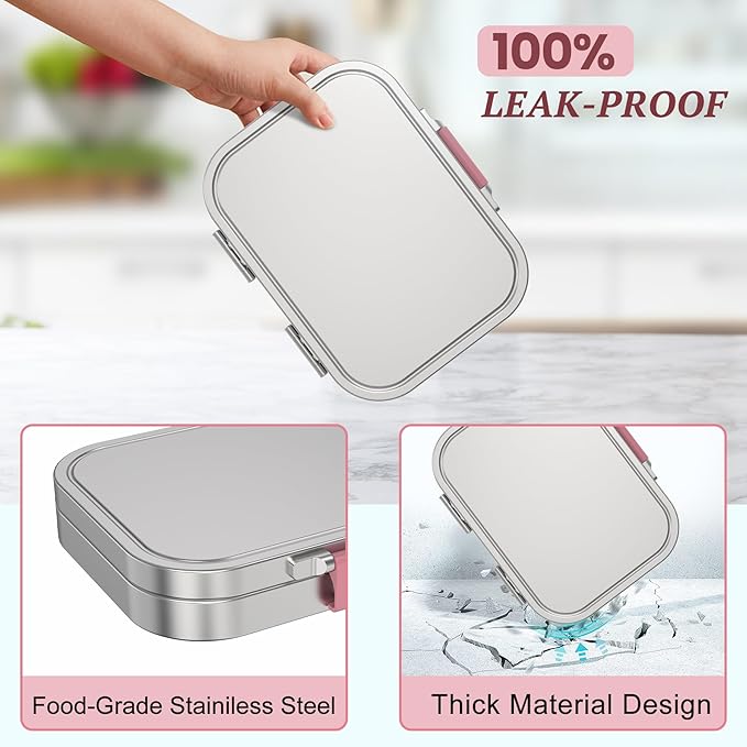 LOHASOK Stainless Steel Bento Lunch Box, 3-Compartment Food Container Large 800ML Metal Bento Box for Kids or Adults with Lockable Clips to Leak Proof Pink