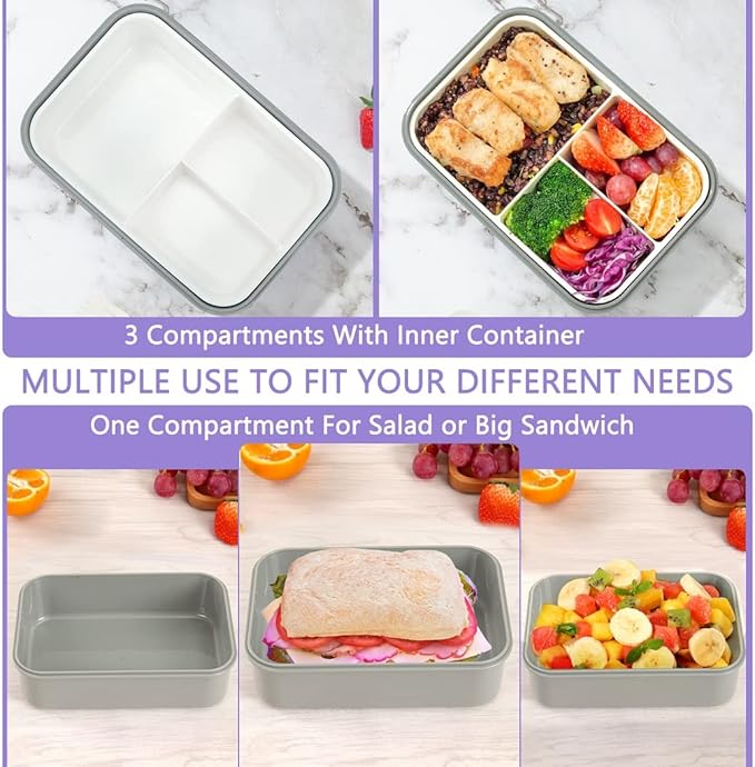 Bento Boxes for Adults - 1100 ML Bento Lunch Box Container For Kids With Spoon & Fork - Durable Perfect Size for On-the-Go Meal, BPA-Free and Food-Safe Materials(Grey)