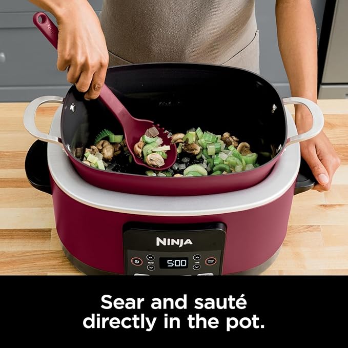Ninja Foodi PossibleCooker PRO MC1000 8.5Qt Multicooker 8 in 1 Slow Cooker, Dutch Oven, Steam Bake Roast Sear Sauté Bread Maker Warmer, Glass Lid, Oven safe up to 500F, Nonstick (Cherry)