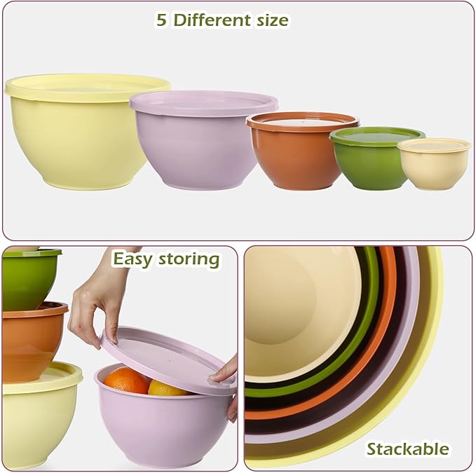 Greentainer Plastic Mixing Bowls with Lids Set for Kitchen, 5 Set Nesting Bowls for Mixing, Baking, Prepping, Cooking and Serving Food, Mixing Bowls Dishwasher, Microwave Safe
