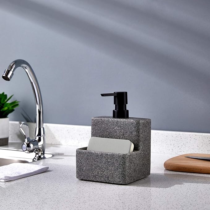 zccz Soap Dispenser with Sponge Holder, Liquid Hand and Dish Soap Dispenser Pump Bottle and Sponge Holder 2 in 1 for Kitchen Sink Bathroom Counter Storage and Organization Black Marble Look