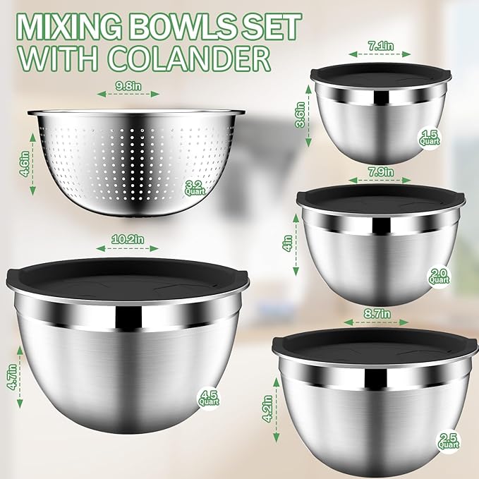DUTZUN Mixing Bowls with Lids Set, Stainless Steel Mixing Bowls with Colander, Strainer with Mixing Bowl Set, Serving Bowl Kitchen Gift, Size 4.5, 2.5, 2, 1.5QT - Black