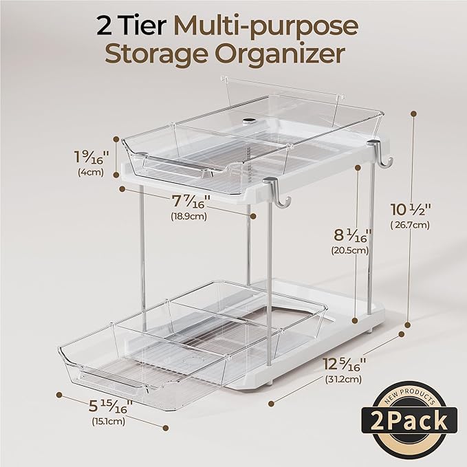 Delamu 2 Tier Bathroom Under Sink Organizers and Storage with Hook, Multi-Purpose Cabinet Drawers with Movable Dividers, Pull Out Organization for Countertop, Kitchen and Pantry(White, 2 Pack)