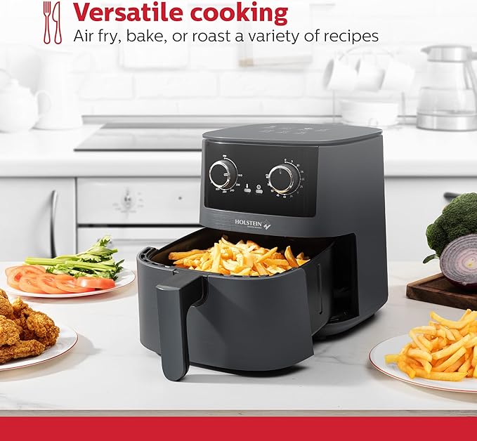 Holstein Housewares 4.4QT Air Fryer. Your All-in-One Culinary Solution. Air fry, roast, bake or grill. Adjustable temperature and time, Hot air technology and Dishwasher Safe, 1400W, Grey