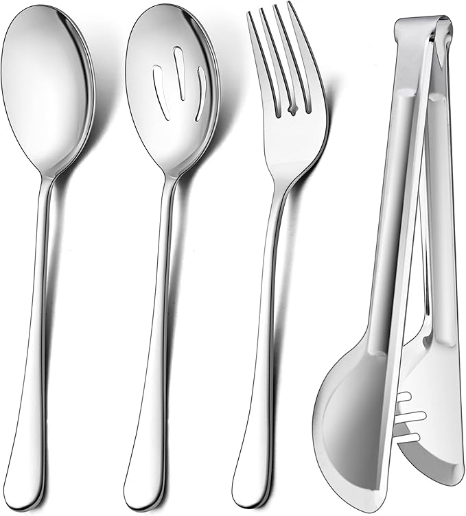 LIANYU 12-Piece Large Serving Utensils Set, Include 9.8 Inch Slotted Spoons and Forks, 9.4 Inch Tongs, Stainless Steel Hostess Serving Flatware Set for Catering Party, Dishwasher Safe