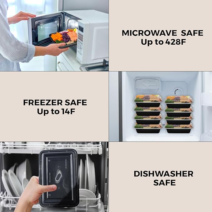 Klex 32 Oz, 150 Sets 2 Compartment Meal Prep Containers with Airtight Lids, BPA Free, Reusable Plastic Food Container, 32 oz, Rectangular, Black/Clear, 150 Sets