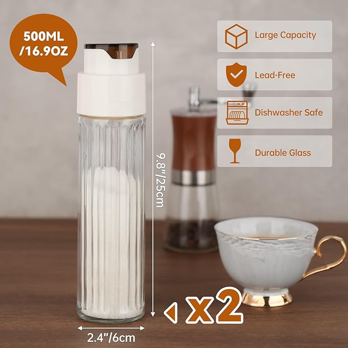 NiHome 16.9oz Sugar Dispenser, Automatic Pour Switch Glass Jar for Sugar, Coffee Creamer or Salt, Large Capacity Food-Grade Glass with Anti-Slip Ribbed Design (2PCS)
