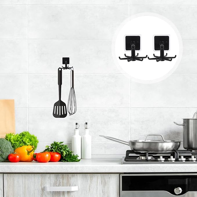 Cabilock 4pcs Rotatable Multi-Purpose Kitchen Utensil Hooks, 360° Folding No-Trace Adhesive Hooks, Black Hanging Soup Ladle and Spatula Storage Holder for Kitchen Organization