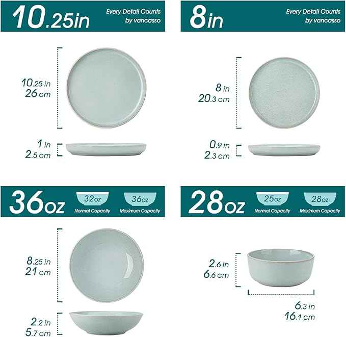 vancasso ANYA 24 Pieces Plates and Bowls Set, Mint Green Dinnerware Sets, Reactive Glaze Dishes Set for 6, Ceramic Dishware Sets Kitchen Dinner Set, Microwave & Dishwasher Safe