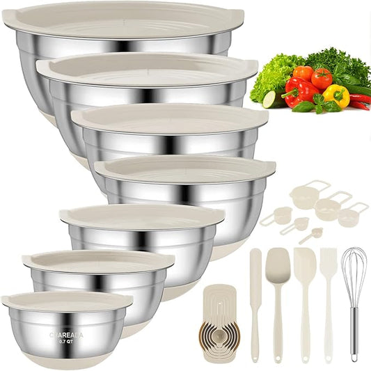 CHAREADA Mixing Bowls with Airtight Lids, 18pcs Stainless Steel Nesting Colorful Mixing Bowls Set Non-slip Silicone Bottom, Size 4.5, 3.6, 2.7, 2.1, 1.7, 1.1, 0.7 qt, Fit for Mixing & Serving (Khaki)
