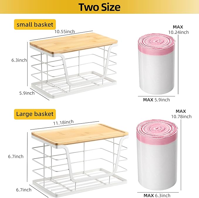 ALOCEO 2 Pack Potato and Onion Storage Bins, Large Trash Bag Holder Under Sink with Bamboo Top, Stainless Steel Pantry Organizers Storage, Kitchen Counter, White