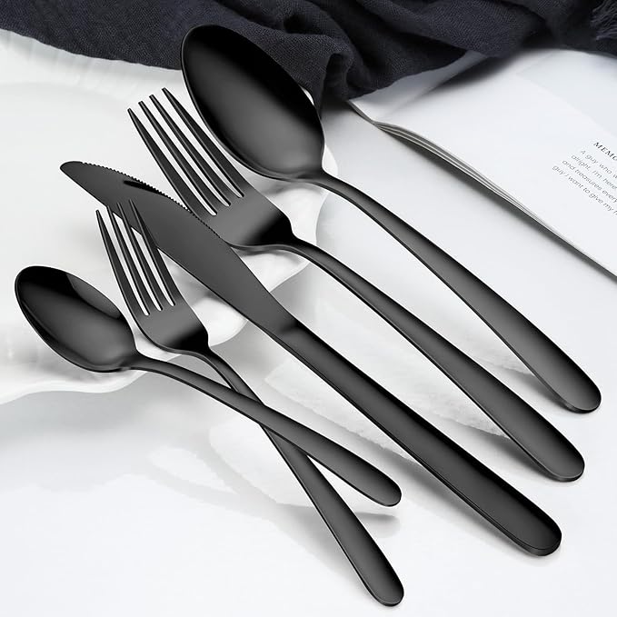 Hunnycook 60-Piece Black Silverware Set - Stainless Steel Silverware Set for 12, Includes Forks Spoons and Knives, Utensil Sets for Home Kitchen Restaurant, Dishwasher Safe
