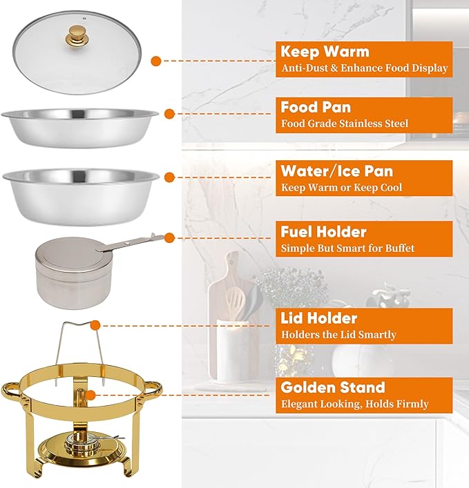 4 Pack Gold Round Chafing Dishes for Buffet, 5 QT Food Warmers and Cold Food Server for Parties, Events Hosting, Family Gatherings, Full Set Catering Supplies with Serving Utensils Accessories