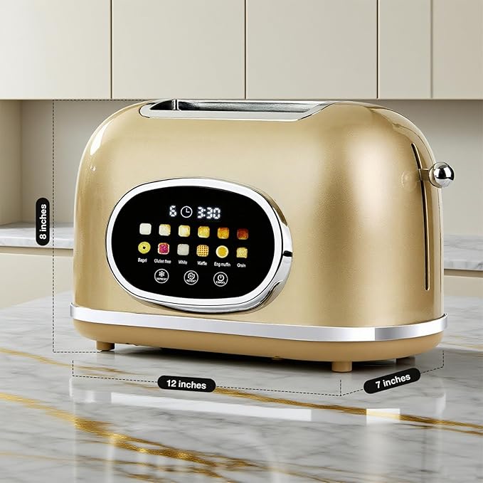Roter Mond 2 Slice Toaster Smart Touch Screen, Retro Stainless Steel Bread Toaster with Digital Timer, Sleep Mode, Bagel, Cancel, and Defrost Functions, 6 Bread Types and Shade Settings, Gold