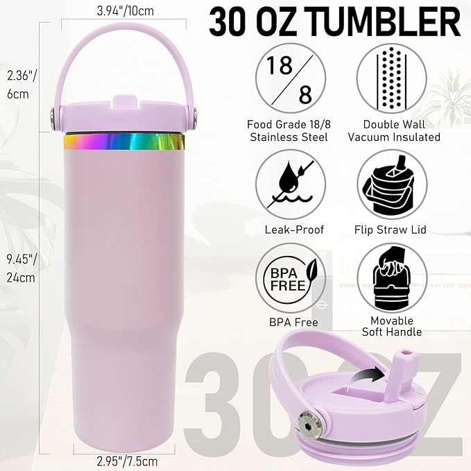 30 oz Tumbler Bulk with Handle and Straw, Vacuum Insulated Tumblers with Flip Straw and Top Handle, Leakproof Powder Coated Tumbler, Stainless Steel Travel Mug for Coffee (Purple, 4 Pack)