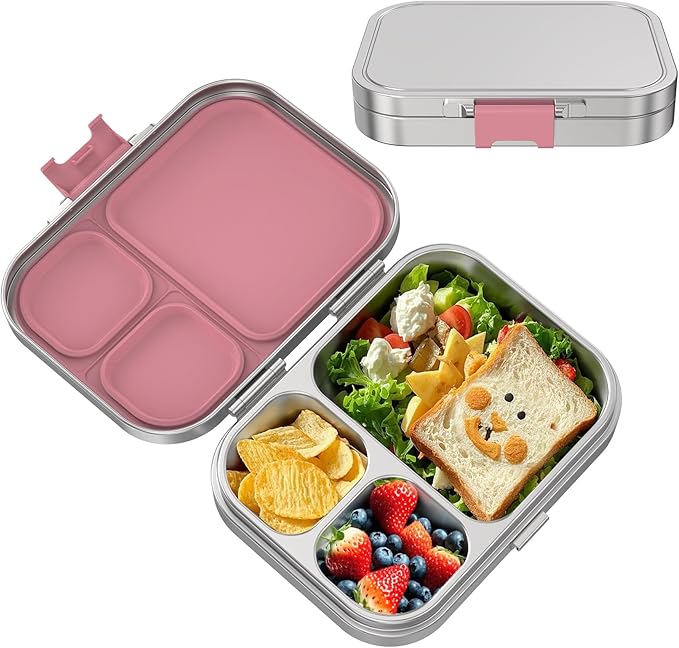 LOHASOK Stainless Steel Bento Lunch Box, 3-Compartment Food Container Large 800ML Metal Bento Box for Kids or Adults with Lockable Clips to Leak Proof Pink