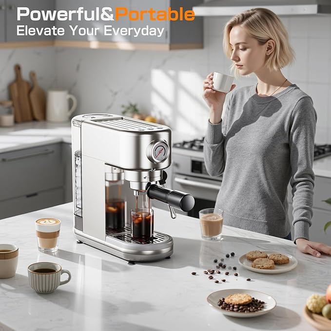 atatix Espresso Machine, 20 Bar Compact Espresso Coffee Machine with Milk Frother, Stainless Steel Coffee Maker with 44oz Removable Water Tank & Fast Heat System for Cappuccino, Latte
