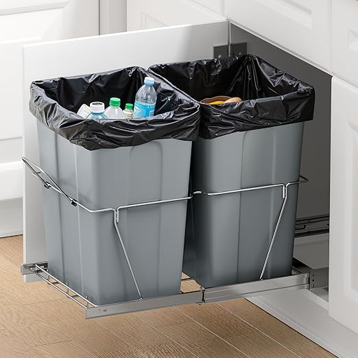 VEVOR Pullout Trash Can for Kitchen Cabinets, 35 QT x2 Double Under Sink Garbage Waste Recycling Bin, Under Mount Waste Container, with Heavy Duty Metal Full Extension Sliding System and Handle Grey