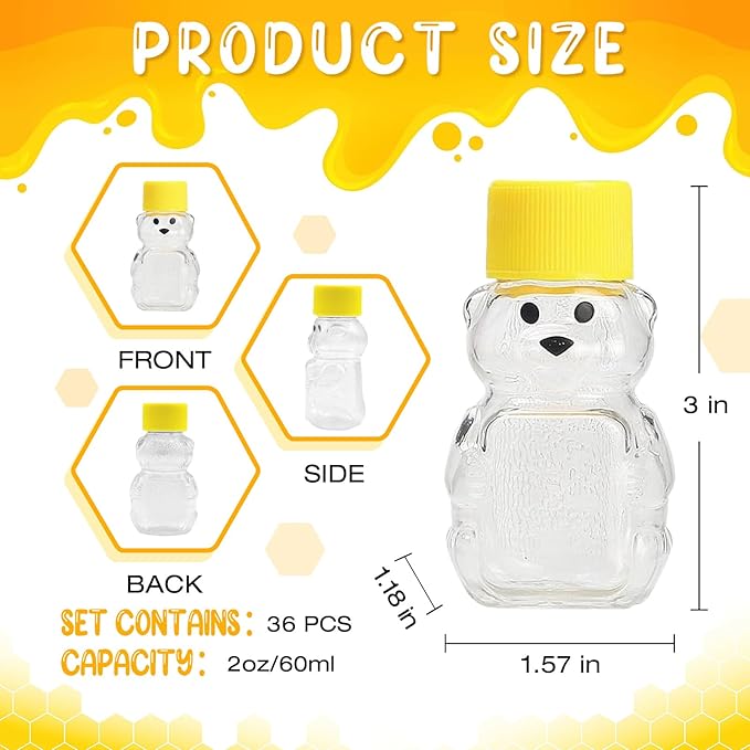 36 Pcs Honey Bear Bottle, 2oz Plastic Honey Squeeze Bottle Honeybear Squeeze Jars, Cute Mini Empty Container with Yellow Flip-top Lid for Syrup Sauce Juice Storing and Dispensing