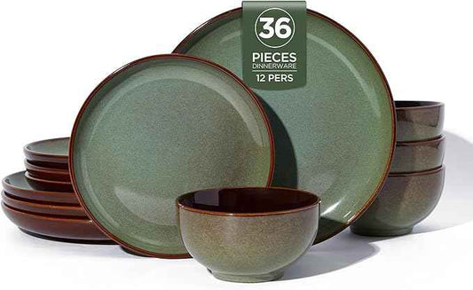 36 Piece Stoneware Dinnerware Sets, Ceramic Plates and Bowls Set, Microwave & Dishwasher Safe Kitchen Dish Set, Modern Dinner Salad Plates | Cereal Bowls for 12, Dishware Sets Sage Green