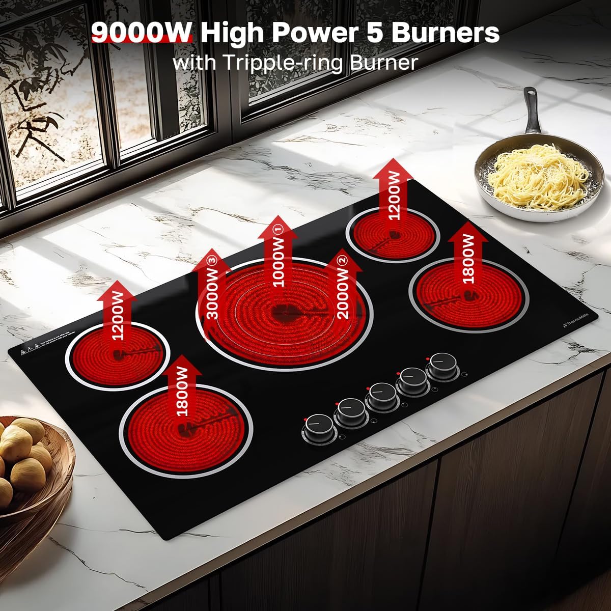 ThermoMate 36 Inch Electric Cooktop, 5 Burners Knob Control Built-in Ceramic Cooktop, 30" Radiant Electric Stove Top of 9000W with 9 Heat Levels, Hot Surface Indicator, 220-240v, Hard Wired
