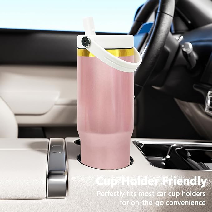 30 oz Tumbler Bulk with Handle and Straw, Vacuum Insulated Tumblers with Flip Straw and Top Handle, Leakproof Powder Coated Tumbler, Stainless Steel Travel Mug for Coffee (RoseGold, 4 Pack)