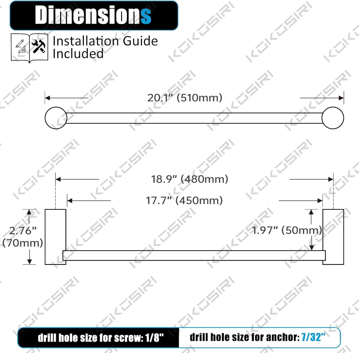 KOKOSIRI Towel Bars for Bathroom Wall Mounted 20'' Towel Rack Polished Chrome Single Rod for Lavatory Bathroom Hardware Stainless Steel, B4007CH-L20