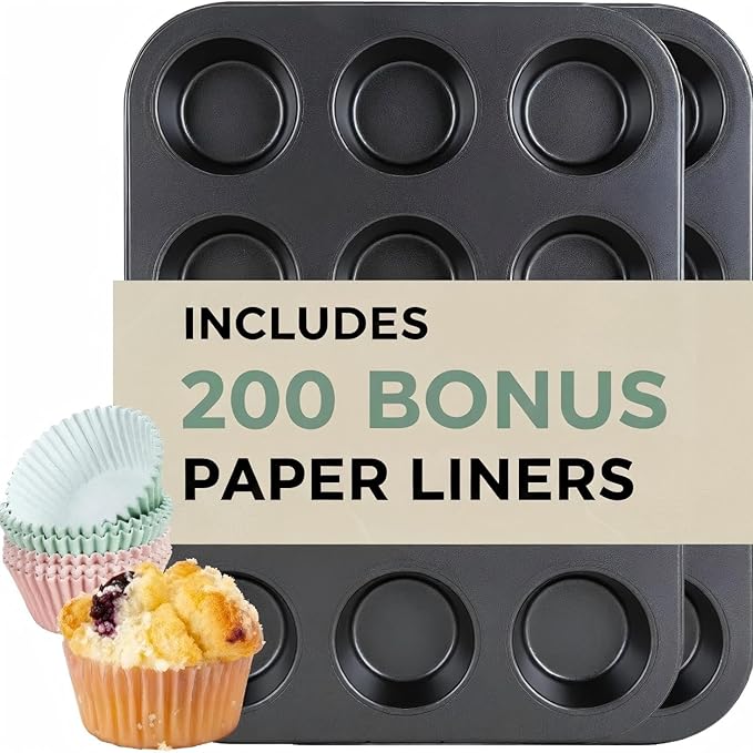CARTMAN 2 Pack Muffin Pans with 200 Cupcake Liners, Nonstick 12-Cup Muffin Tins, Carbon Steel Cupcake Pans for Baking Muffins, Egg Bites, Brownies & More