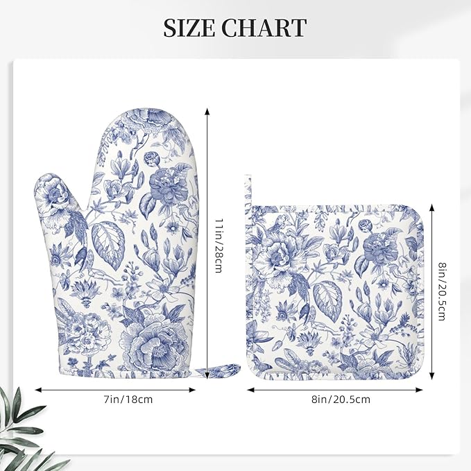 Vintage Flower Blue and White Leaves Oven Mitts and Pot Holders Sets of 4, Heat Resistant Silicone Oven Mittens and Potholders Gloves Hot Pads for Kitchen Cooking Baking Grilling BBQ Chef