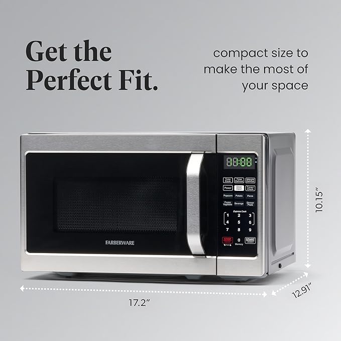 Farberware 0.7 Cu. Ft. Countertop Microwave Oven – 700 Watts Power, Auto Cook Settings, Defrost, Easy Clean and Child Safety Lock - Stainless