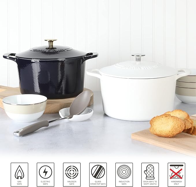 MARTHA STEWART Gatwick 7-Quart Enamel Cast Iron Dutch Oven Pot with Lid – Navy Blue with Gold Knob – Durable Heavy-Duty Dutch Oven for Slow Cooking & Braising