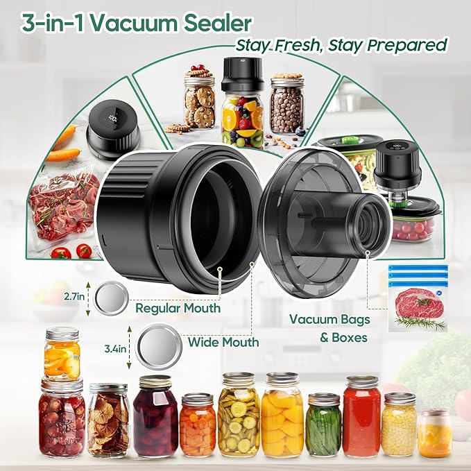 Mason Jar Vacuum Sealer Kit-Fully-Automatic-Canning-Jar-Sealer-Vacuum-Sealing,2025 Upgraded Electric Vacuum Sealer for Wide&Regular Mouth Mason Jars/Canning &Sous Vide Bag/Jar Sealer Machine for Food