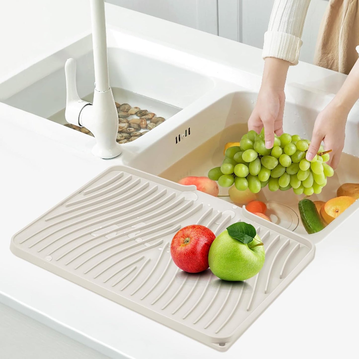 Silicone Dish Drying Mat for Kitchen Counter, Dish Drying Pad, Non-Slip Drain Pad with Built-in Drain, Heat Resistant Stone Drying Mat(15.8" x 13", Cream)