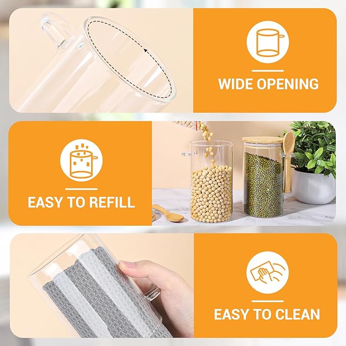 Glass Jars with Bamboo Lids and Spoon - 4 Pack 23 Fl.oz Glass Jars with Airtight Lids, Includes Labels and Marker, Pantry Canister for Cereal, Tea, Flour Sugar Coffee Containers