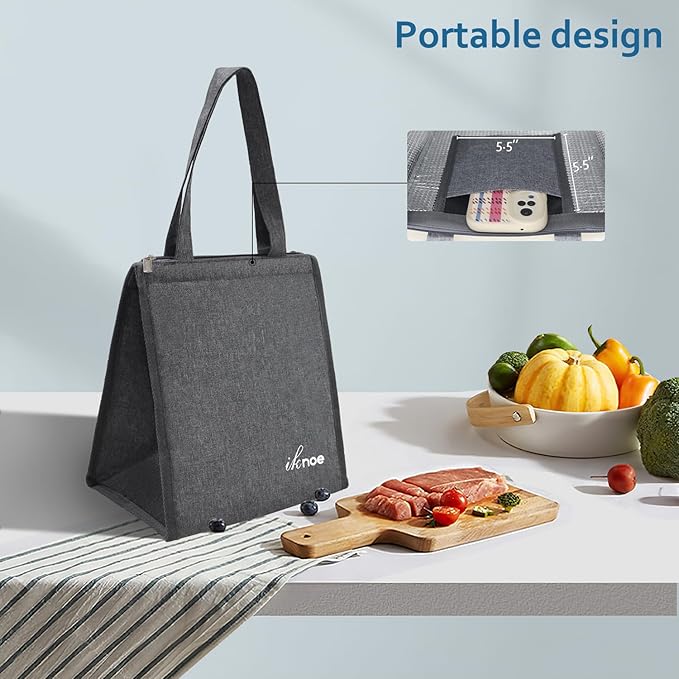 iknoe Insulated Lunch Bag for Women & Adults, 9L Foldable Wide-Open Cooler Bag with Pockets, Leakproof & Portable, for Picnic, Office, Beach(Plain grey)