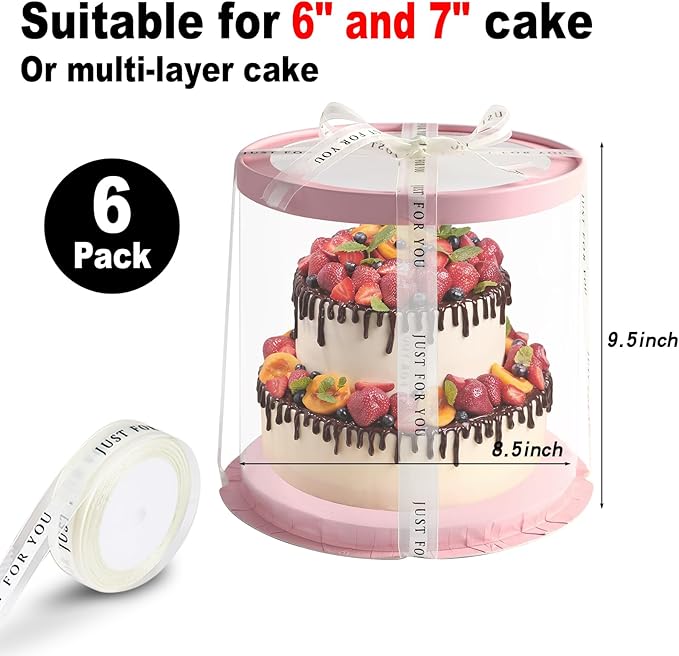 JCD 6Pcs 8.5 * 9.5inch Round clear cake boxes with Ribbon,Ideal for 7inch and 6inch Tall Layer Tiered Cakes,Multi-Layer cake boxes for Christmas Bakery Treat (Pink, Round 8.5inch/6pcs)