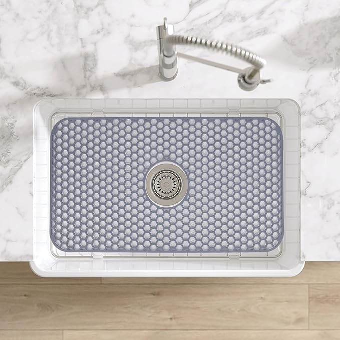 Bestjing Silicone Sink Mat - Protectors for Kitchen Sink with Center Drain, 26"x 14" Kitchen Grid Accessory, Non-Slip Heat-Resistant Mat for Bottom of Farmhouse Porcelain Stainless Steel (Center Hole)