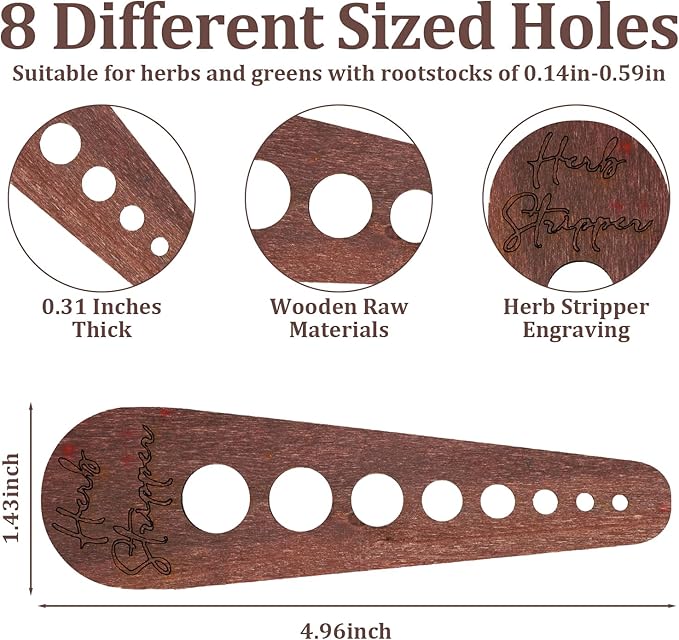 Herb Stripper Tool, Wooden Herb Stripper Vegetable Leaf Remover 8 Different Aperture Designs Wood Stripping Strippers Suitable for Herbs, Parsley, Coriander, Thyme, Rosemary (Brown)