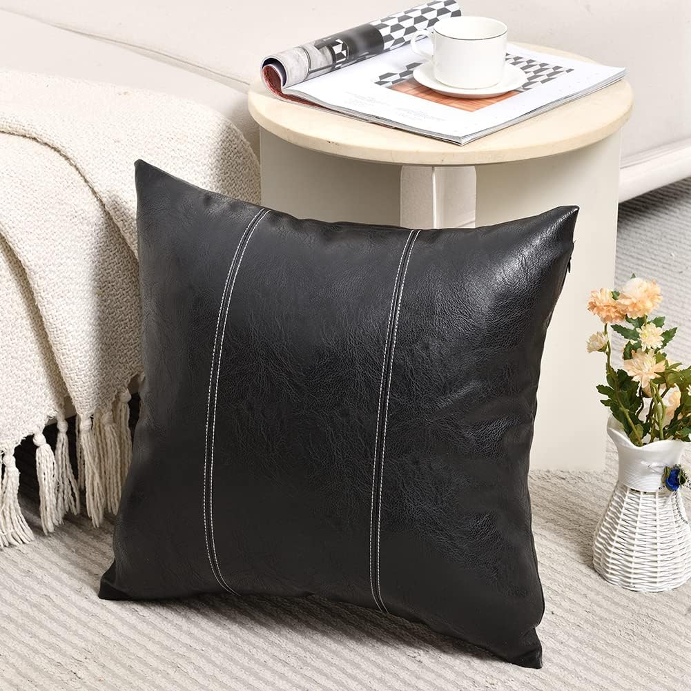 Fancy Homi Black Boho Faux Leather Decorative Throw Pillow Covers 18x18 Inch for Living Room Couch Bed Sofa, Rustic Modern Farmhouse Home Decor, Hand Stitched Square Cushion Case 45x45 cm