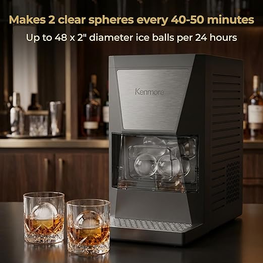 Kenmore Clear Sphere Ice Ball Maker Countertop, 2-Inch Slow-Melting Ice Spheres for Whisky Cocktails, Máquina de Hielo Black