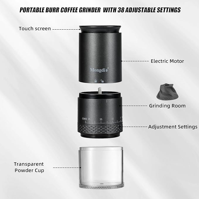 Mongdio Portable Electric Burr Coffee Grinder with 38 Adjustable Settings, Conical Burr Coffee Grinder with LED Display, USB Charging, Ceramic Core, for Home, Space Black