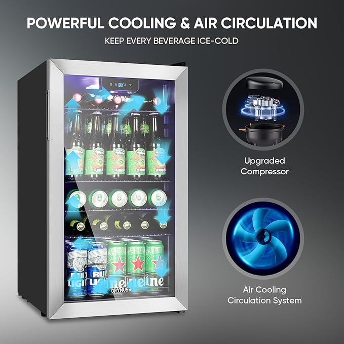 ORYMUSE 3.2 Cu.Ft Beverage Refrigerator, 130 Can Mini Fridge with Glass Door & Digital Temperature Control, Compressor Cooling Freestanding Cooler for Soda, Beer, Wine, Home, Office & Bar - Silver