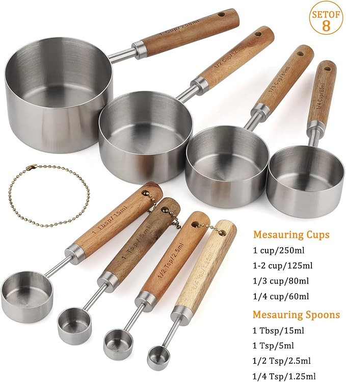 Measuring Cups and Spoons Set Stainless Steel Measuring Cups and Spoons with Wood Handle for Dry and Liquid Ingredients