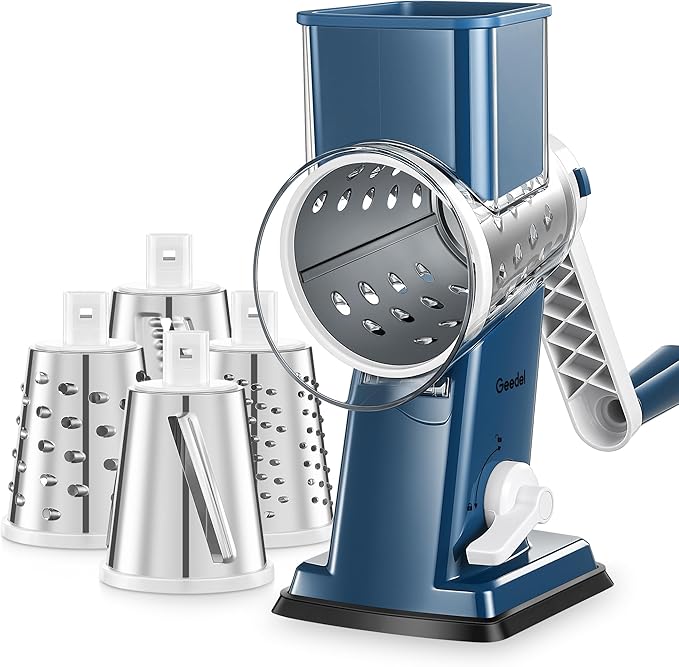 Geedel Rotary Cheese Grater - Upgraded Vegetable Shredder with 4 Interchangeable Blades, Easy to Clean Cheese Shredder with Handle, Kitchen Grater Nuts Grinder for Cutting Cheese, Vegetable, Nuts