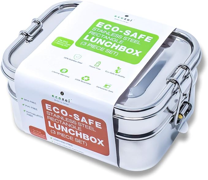 ecozoi Leak Proof Stainless Steel Lunch Box, 3-in-1 Eco Bento Box | Redesigned Silicone Seal + Bonus Lunch Pod | Sustainable Tiffin Eco Friendly Metal Bento Box Food Storage Containers